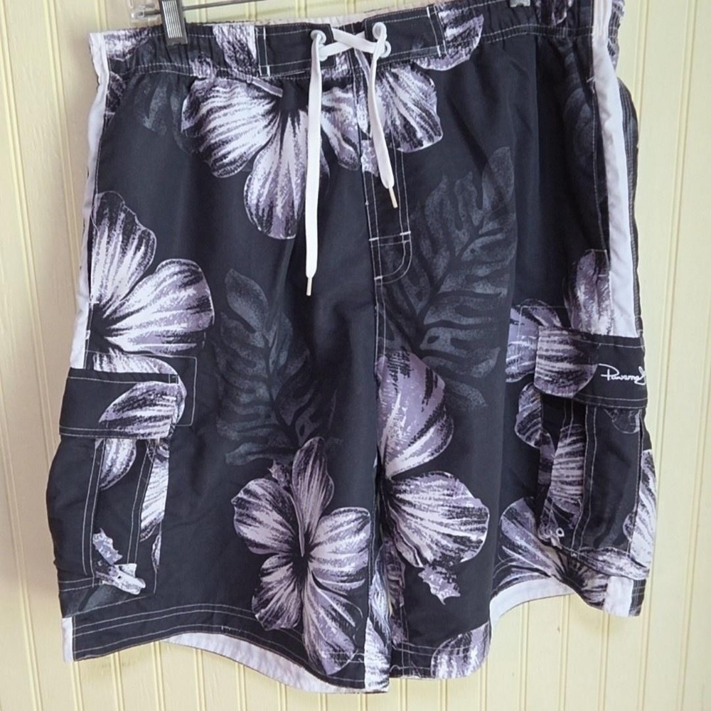 Panama Jack Swim Trunks Mens Large Black Floral Hawaiian Board Shorts Lined